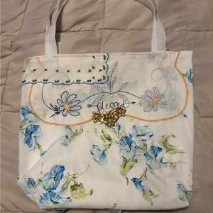 Blessed Vintage Linen Embroidered Blue Floral Tote Bag